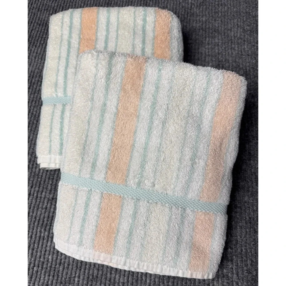Vintage Cannon Embassy Bath Towel Set 24x45 Pastel Peach Mint Stripe USA Cotton